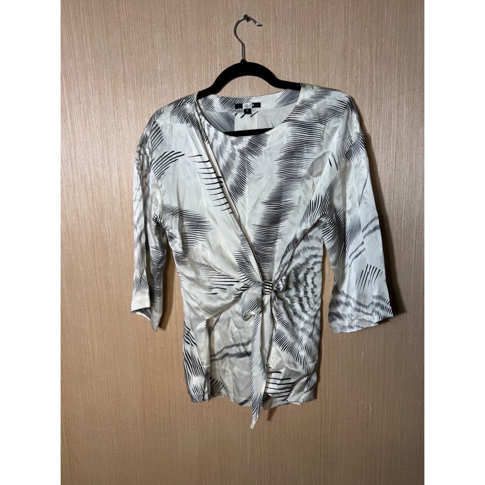 Kal Rieman Womens Black White Abstract Tie Front Wrap Top Small 3/4 Sleeve